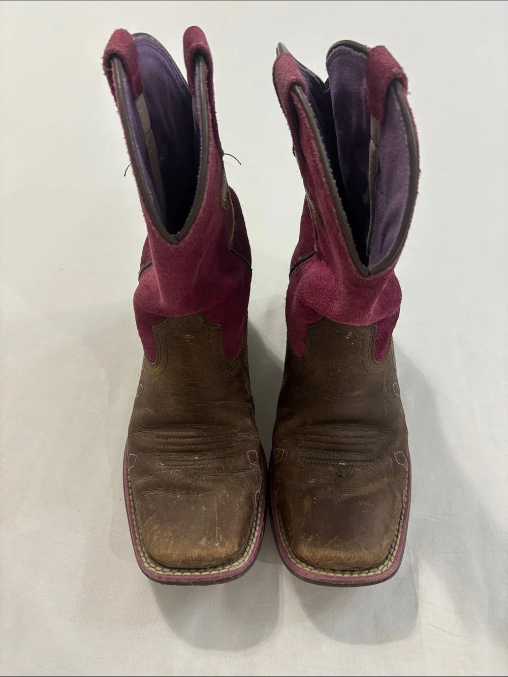 Ariat Girl’s Brown Leather and Magenta Suede Western Cowgirl Boots with Cross